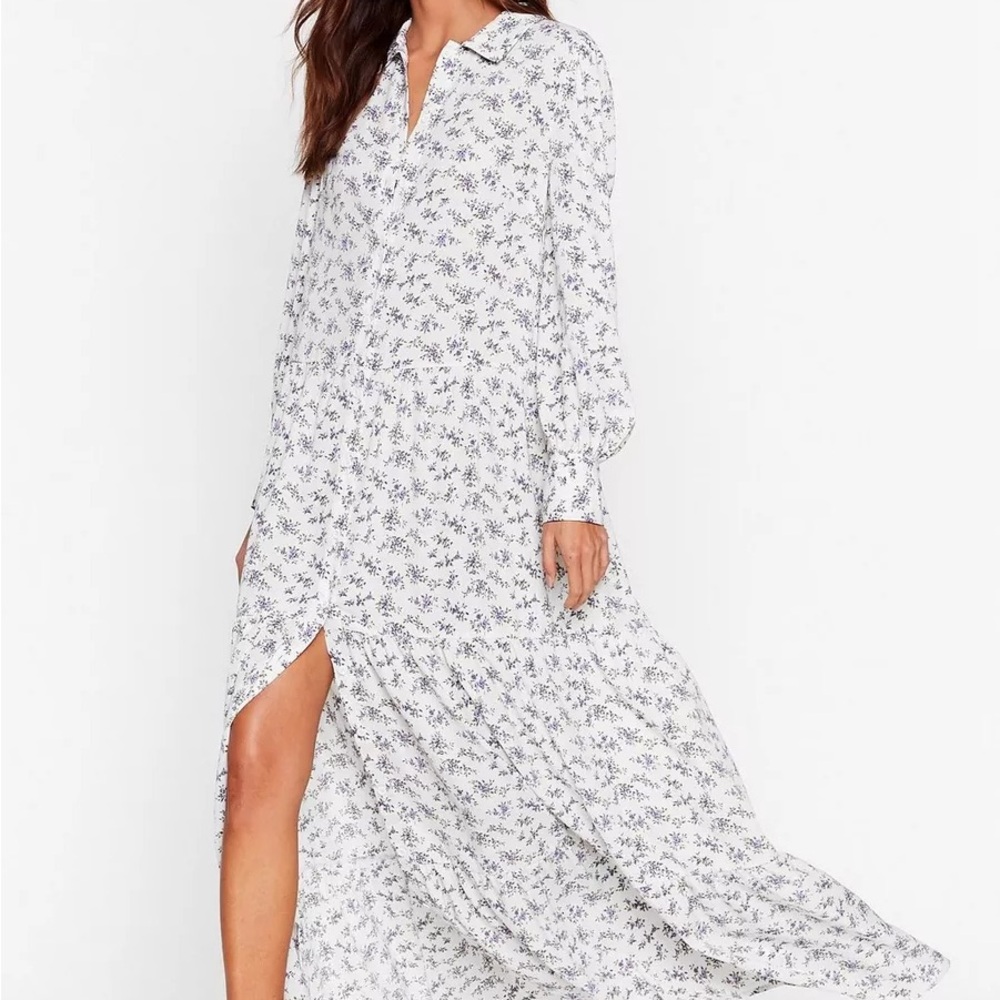 Nasty Gal Button Down Loose Fit Maxi Shirt Dress S Floral White